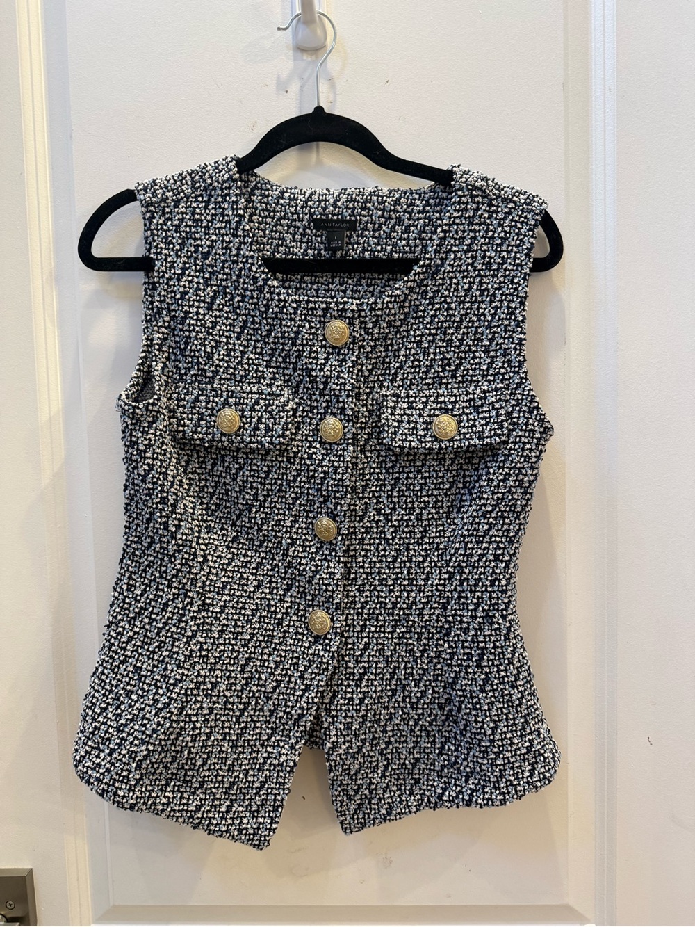 Ann Taylor Navy & White Tweed Sleeveless Vest with Gold Buttons